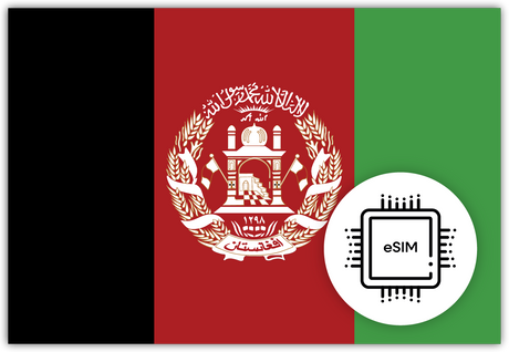 Afganistan eSIM – Travel connectivity for Afganistan. Image featuring the Afgani flag and an eSIM icon