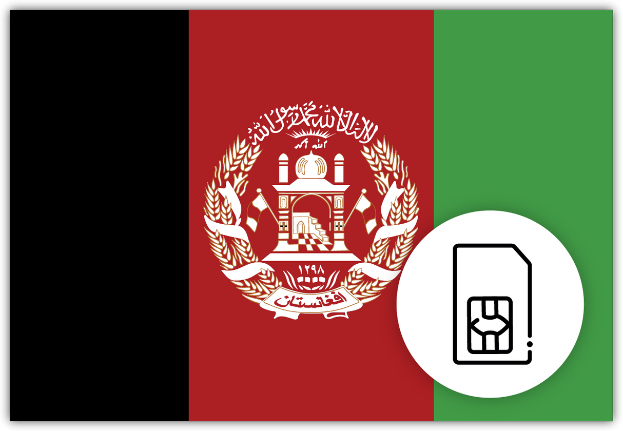 Afghanistan SIM Card – Travel connectivity for Afghanistan. Image featuring the Afghanistan flag and a SIM card icon