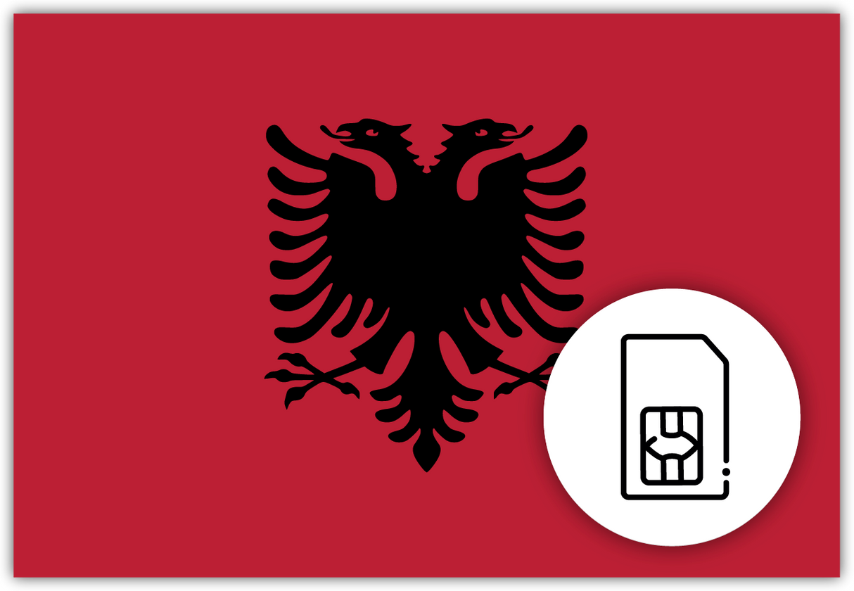 Albania SIM Card – Travel connectivity for Albania. Image featuring the Albanian flag and a SIM card icon