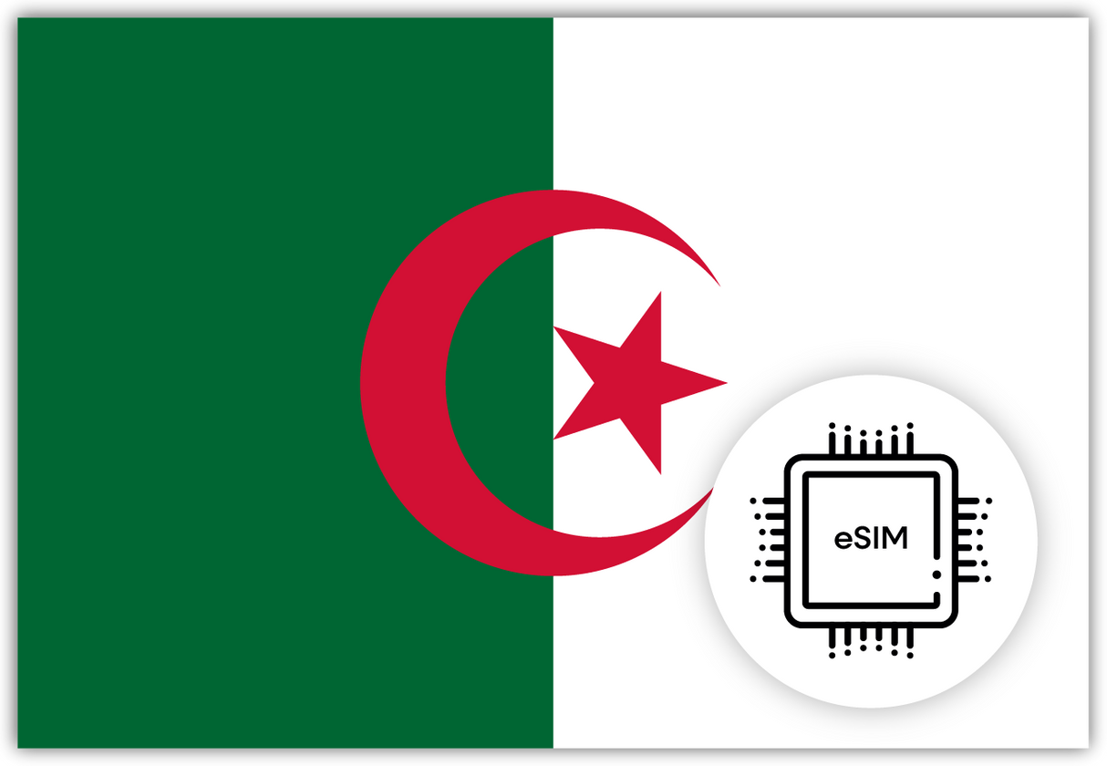 Algeria eSIM – Travel connectivity for Algeria. Image featuring the Algerian flag and an eSIM icon