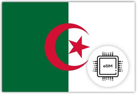 Algeria eSIM – Travel connectivity for Algeria. Image featuring the Algerian flag and an eSIM icon