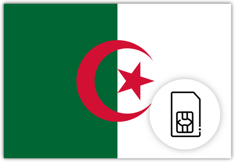 Algeria SIM Card – Travel connectivity for Algeria. Image featuring the Algerian flag and a SIM card icon