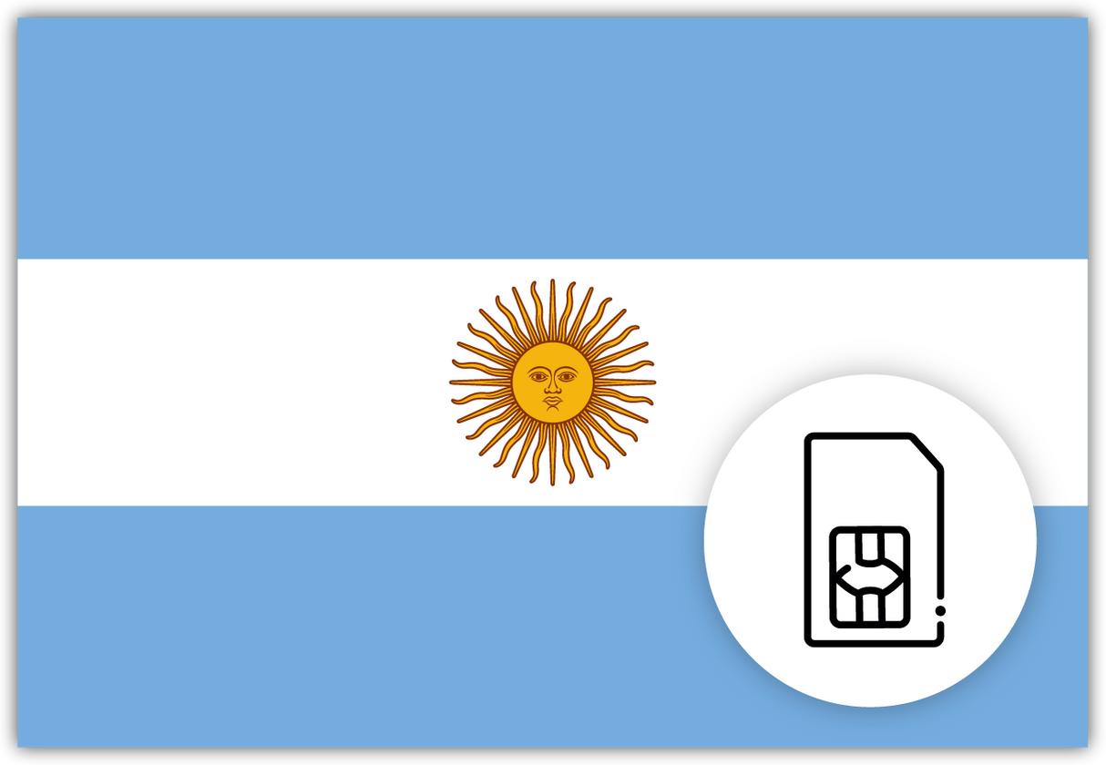Argentina SIM Card – Travel connectivity for Argentina. Image featuring the Argentinian flag and a SIM card icon