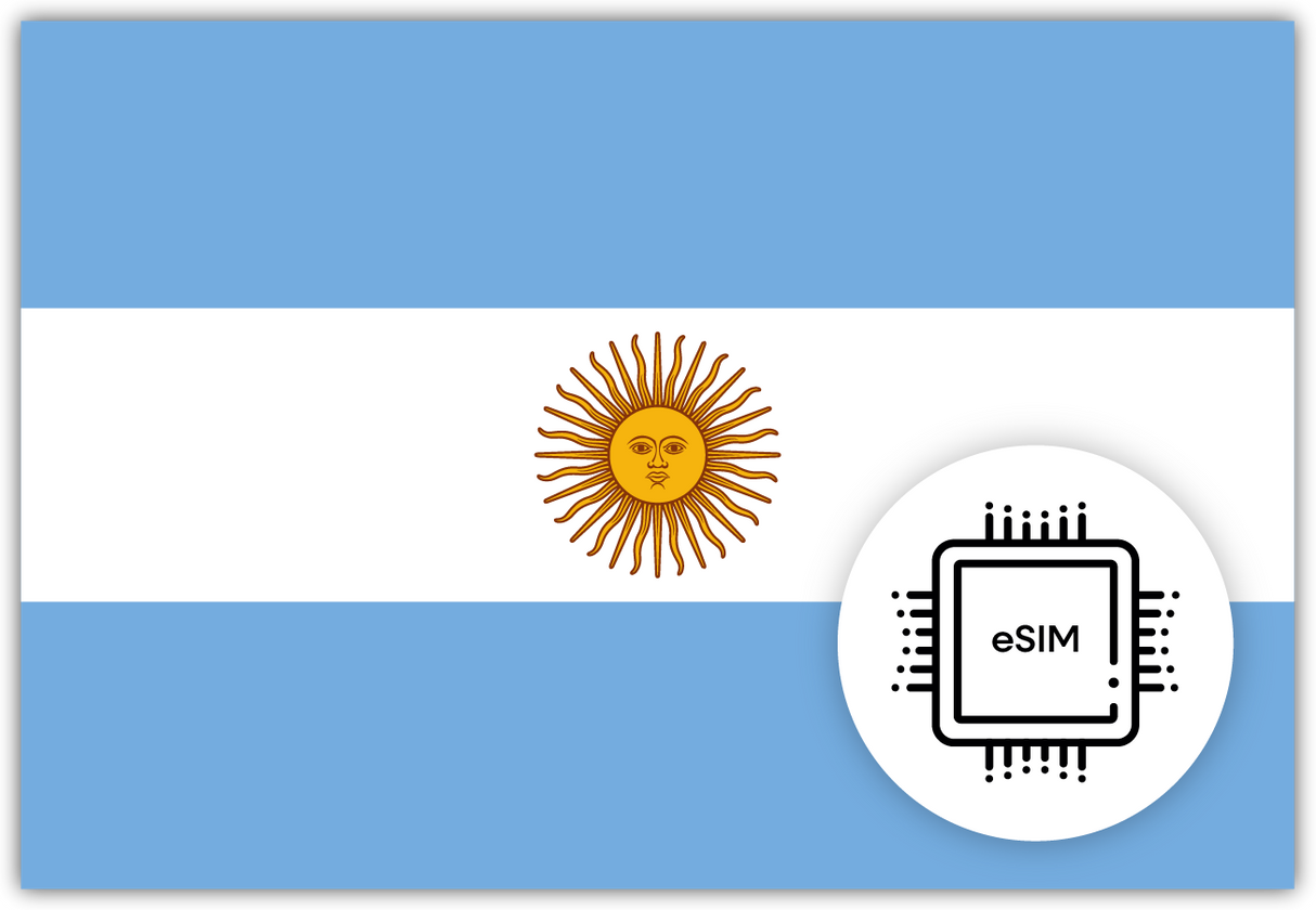 Argentina eSIM – Travel connectivity for Argentina. Image featuring the Argentinean flag and an eSIM card icon