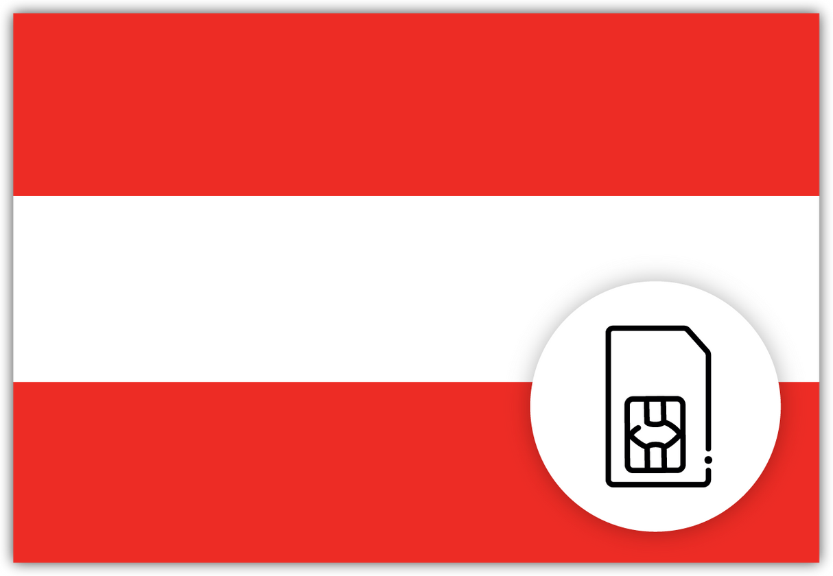 Austria SIM Card – Travel connectivity for Austria. Image featuring the Austrian flag and a SIM card icon