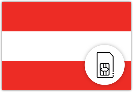 Austria SIM Card – Travel connectivity for Austria. Image featuring the Austrian flag and a SIM card icon