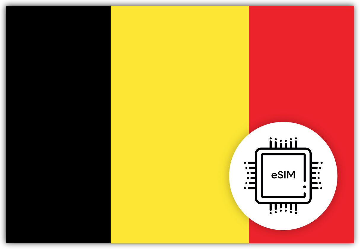 Belgium eSIM – Travel connectivity for Belgium. Image featuring the Belgian flag and eSIM icon