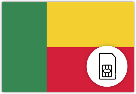 Benin SIM Card – Travel connectivity for Benin. Image featuring the Benin flag and a SIM Card icon.