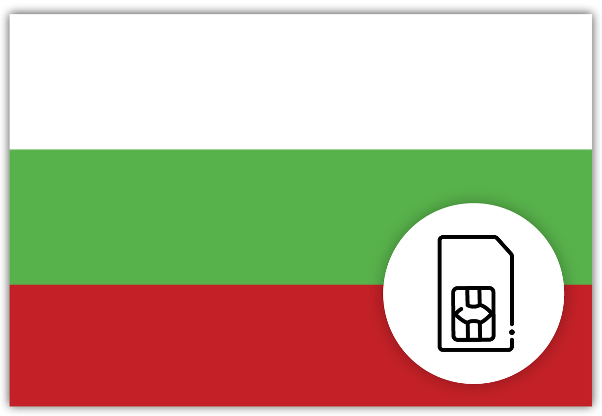 Bulgaria SIM Card – Travel connectivity for Bulgaria. Image featuring the Bulgarian flag and a SIM Card icon
