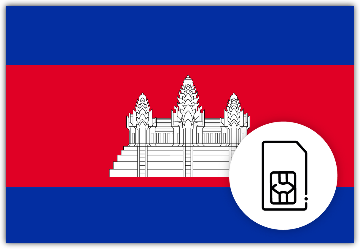 Cambodia SIM Card – Travel connectivity for Cambodia. Image featuring the Cambodian flag and a SIM Card icon