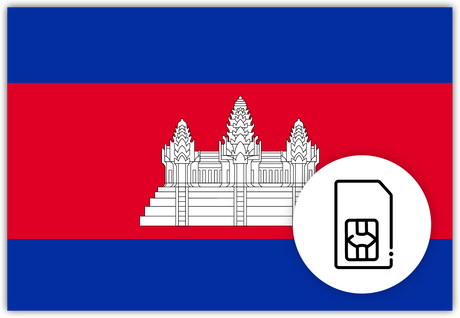Cambodia SIM Card – Travel connectivity for Cambodia. Image featuring the Cambodian flag and a SIM Card icon