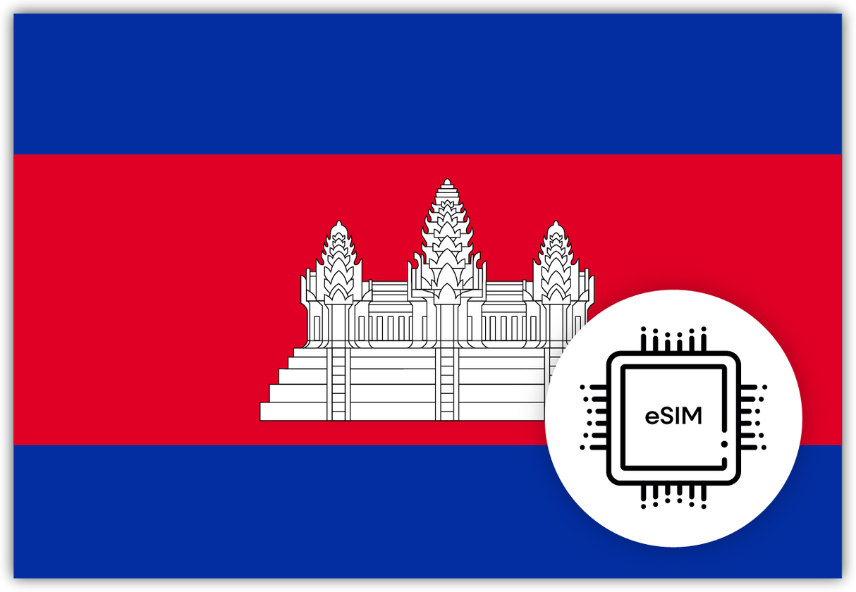 Cambodia eSIM – Travel connectivity for Cambodia. Image featuring the Cambodian flag and a eSIM icon