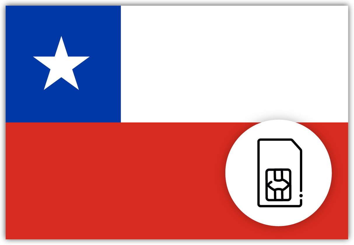 Chile SIM Card – Travel connectivity for Chile. Image featuring the Chilean flag and a SIM card icon.