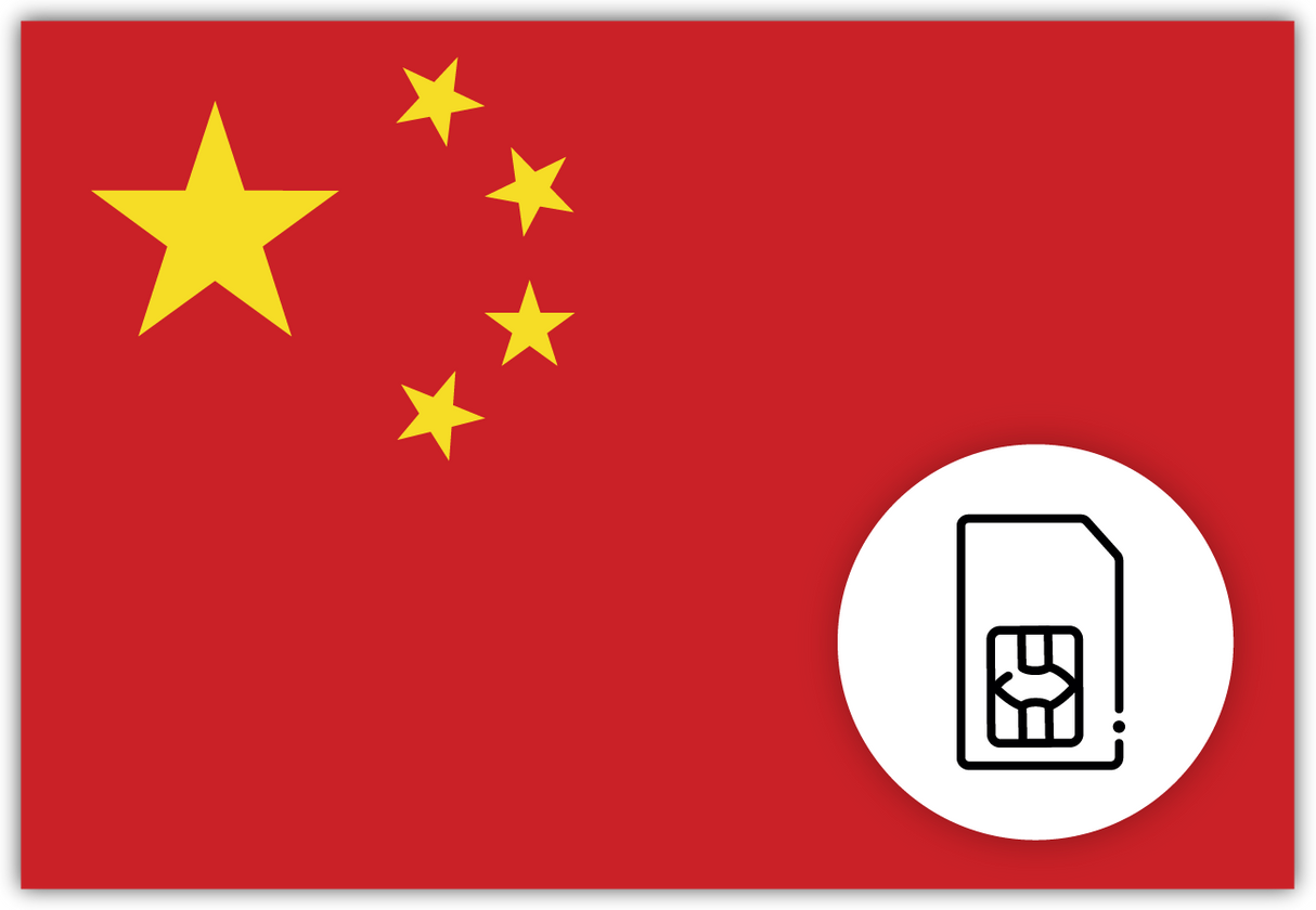 China SIM Card – Travel connectivity for China. Image featuring the Chinese flag and an SIM Card icon.