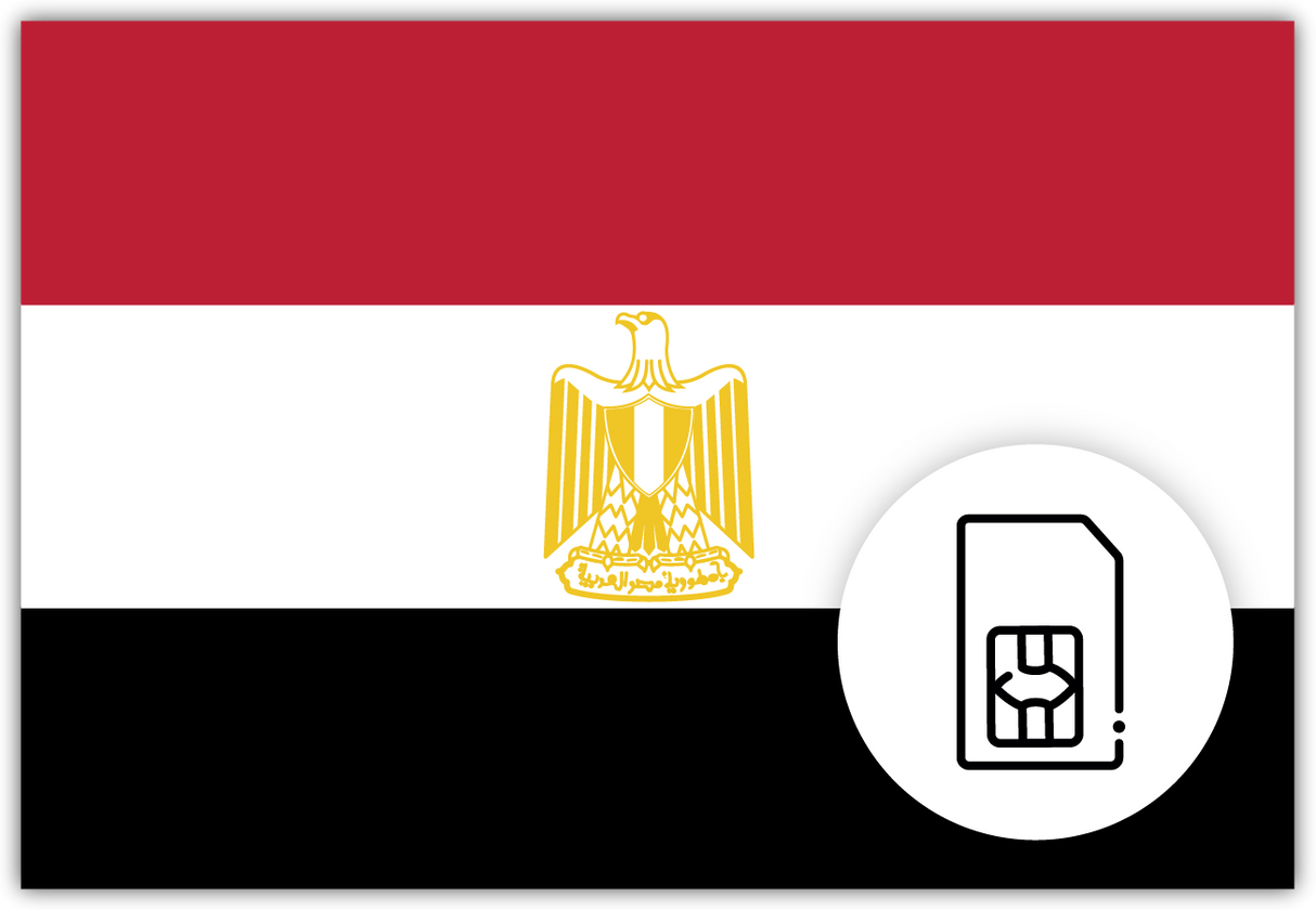 Egypt SIM Card – Travel connectivity for Egypt. Image featuring the Egyptian flag and a SIM card icon