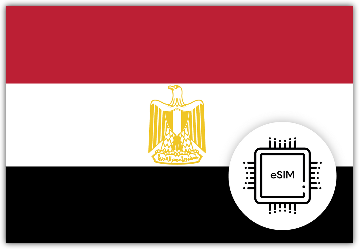 Egypt eSIM – Travel connectivity for Egypt. Image featuring the Egyptian flag and a eSIM icon