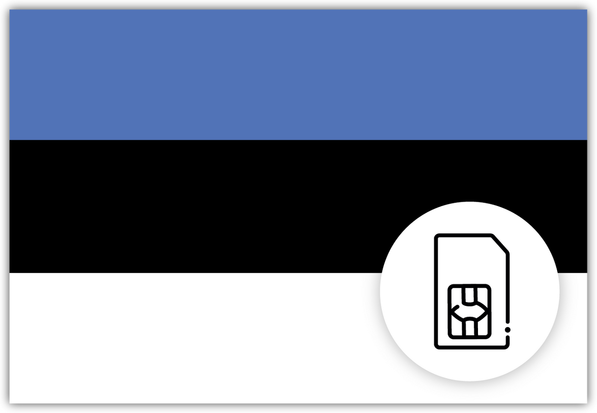 Estonia SIM Card – Travel connectivity for Estonia. Image featuring the Estonian flag and a SIM Card icon