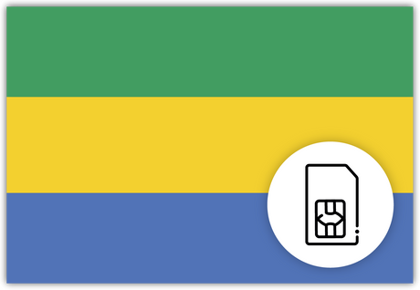 Gabon SIM Card – Travel connectivity for Gabon. Image featuring the Gabonese flag and a SIM card icon.