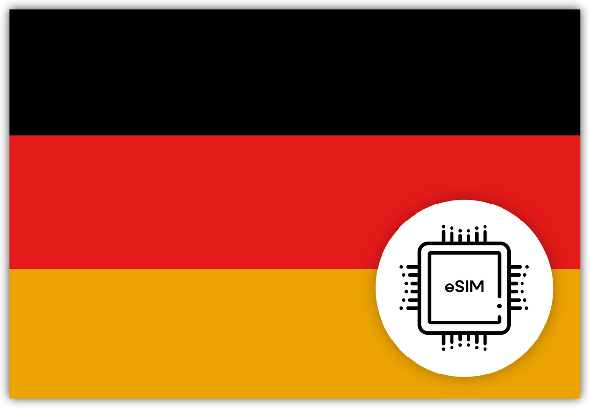 Germany eSIM – Travel connectivity for Germany. Image featuring the German flag and an eSIM icon