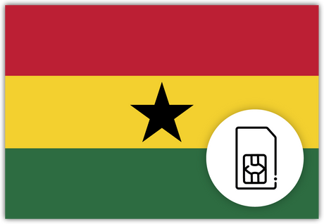Ghana SIM Card – Travel connectivity for Ghana. Image featuring the Ghanaian flag and a SIM card icon