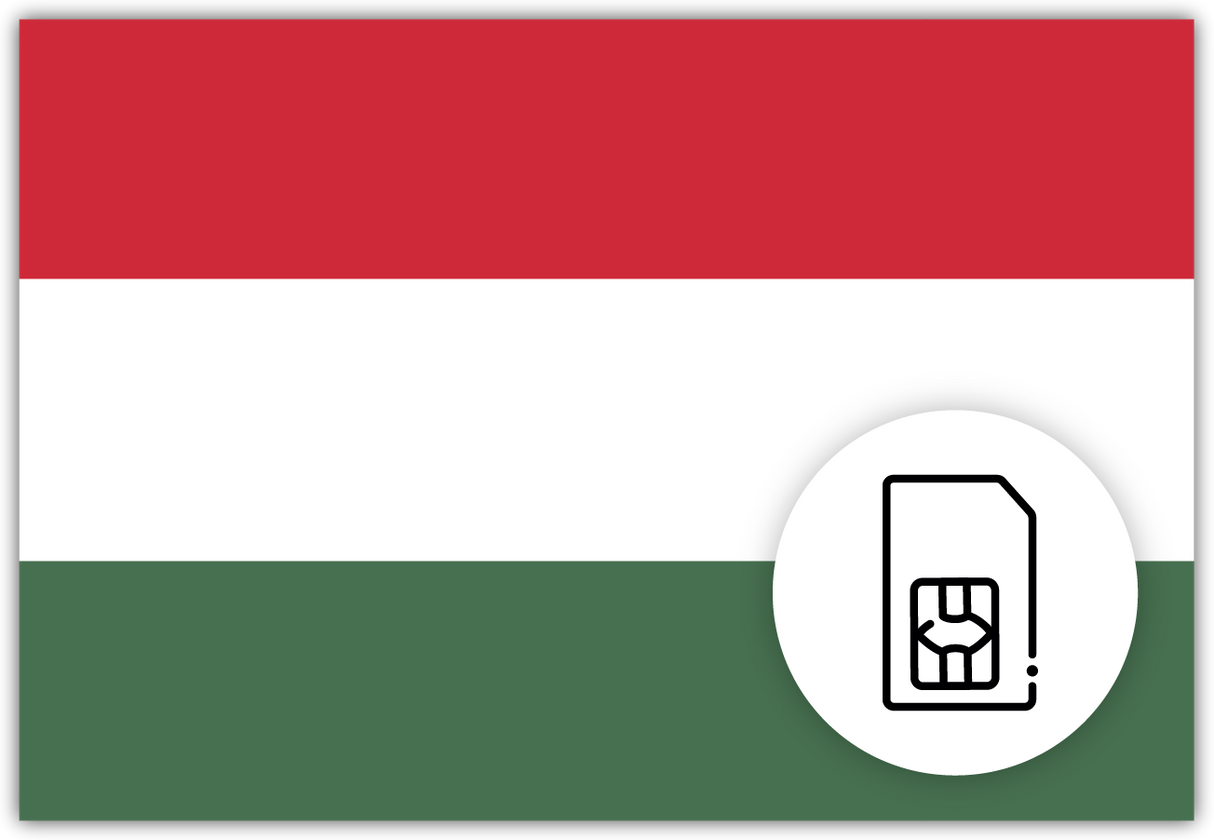 Hungary SIM Card – Travel connectivity for Hungary. Image featuring the Hungarian flag and a SIM Card icon