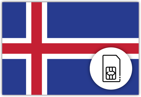 Iceland SIM Card – Travel connectivity for Iceland. Image featuring the Icelandic flag and a SIM Card icon