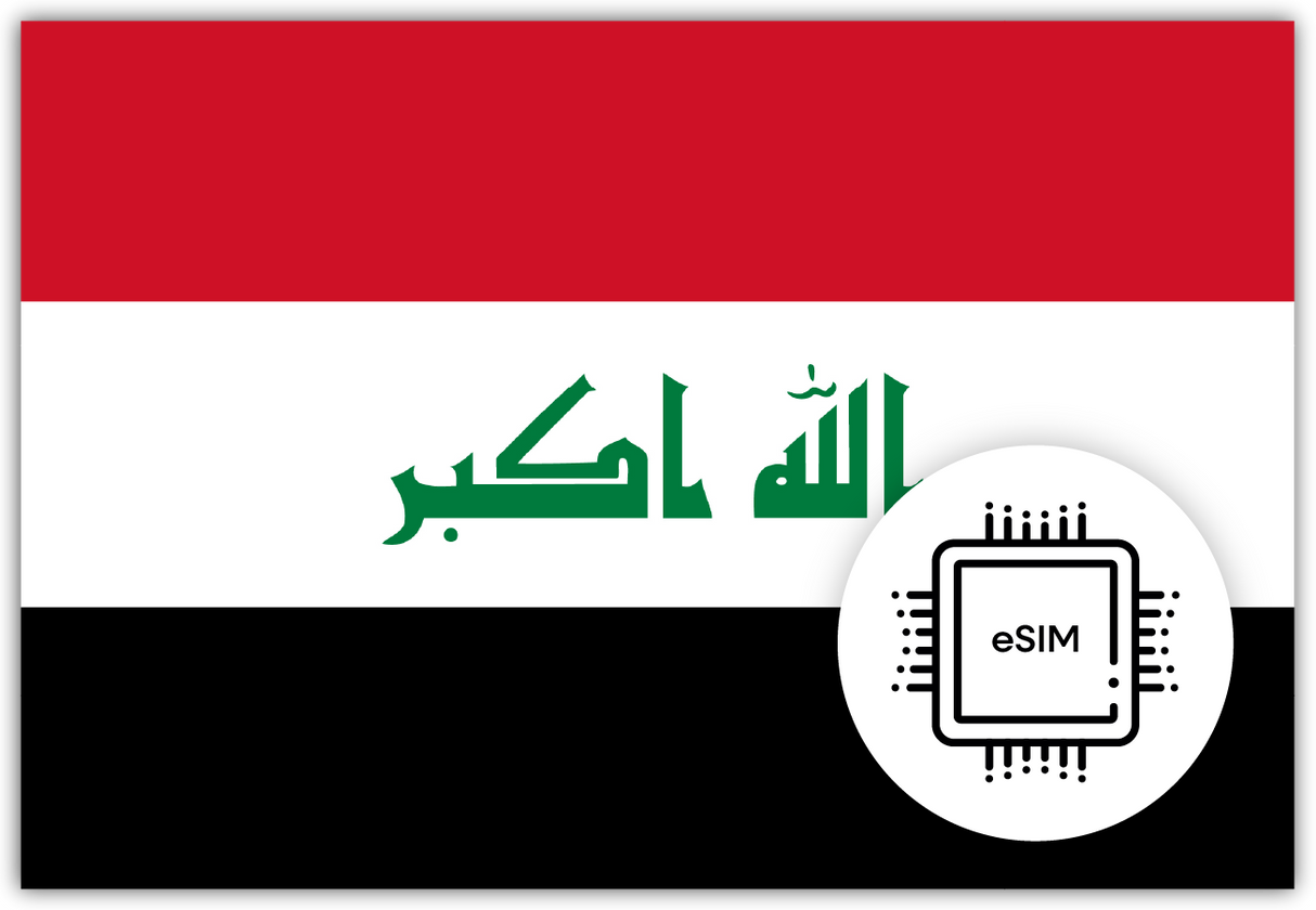 Iraq eSIM – Travel connectivity for Iraq. Image featuring the Iraqi flag and an eSIM icon.