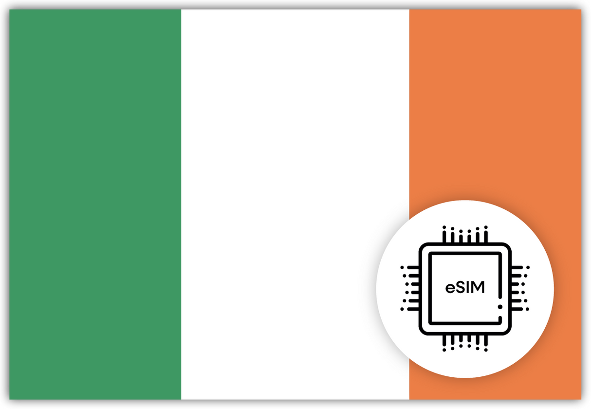 Ireland eSIM – Travel connectivity for Ireland. Image featuring the Irish flag and an eSIM icon