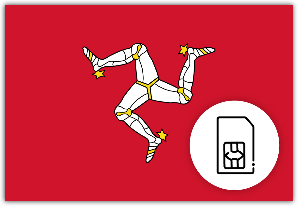 Isle of Man SIM card – Travel connectivity for Isle of Man. Image featuring the Isle of Man flag and a SIM card icon.