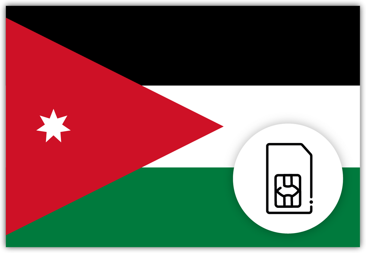 Jordan SIM Card – Travel connectivity for Jordan. Image featuring the Jordanian flag and a SIM card icon.