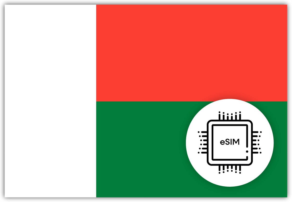 Madagascar eSIM – Travel connectivity for Madagascar. Image featuring the Madagascar flag and an eSIM icon.