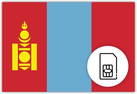 Mongolia SIM Card – Travel connectivity for Mongolia. Image featuring the Mongolian flag and a SIM card icon
