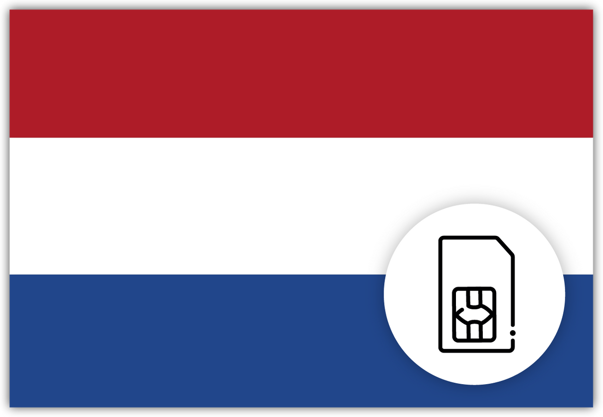 Netherlands SIM Card – Travel connectivity for Netherlands. Image featuring the Netherlands flag and a SIM card icon
