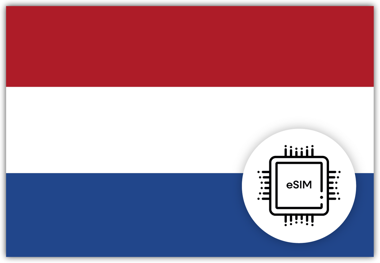 Netherlands eSIM – Travel connectivity for Netherlands. Image featuring the Netherlands flag and an eSIM icon
