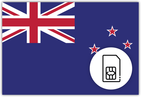 New Zealand SIM Card – Travel connectivity for New Zealand. Image featuring the New Zealand flag and a SIM card icon