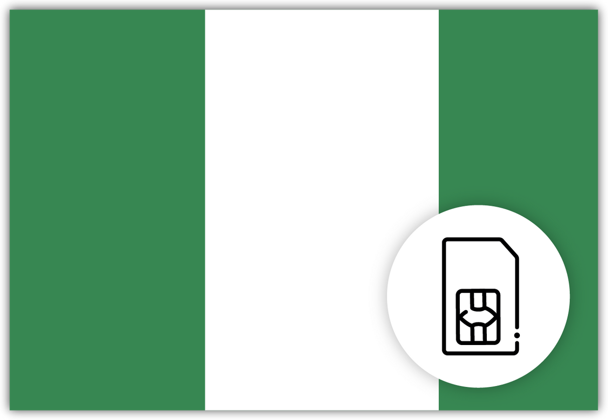 Nigeria SIM Card – Travel connectivity for Nigeria. Image featuring the Nigerian flag and a SIM card icon.
