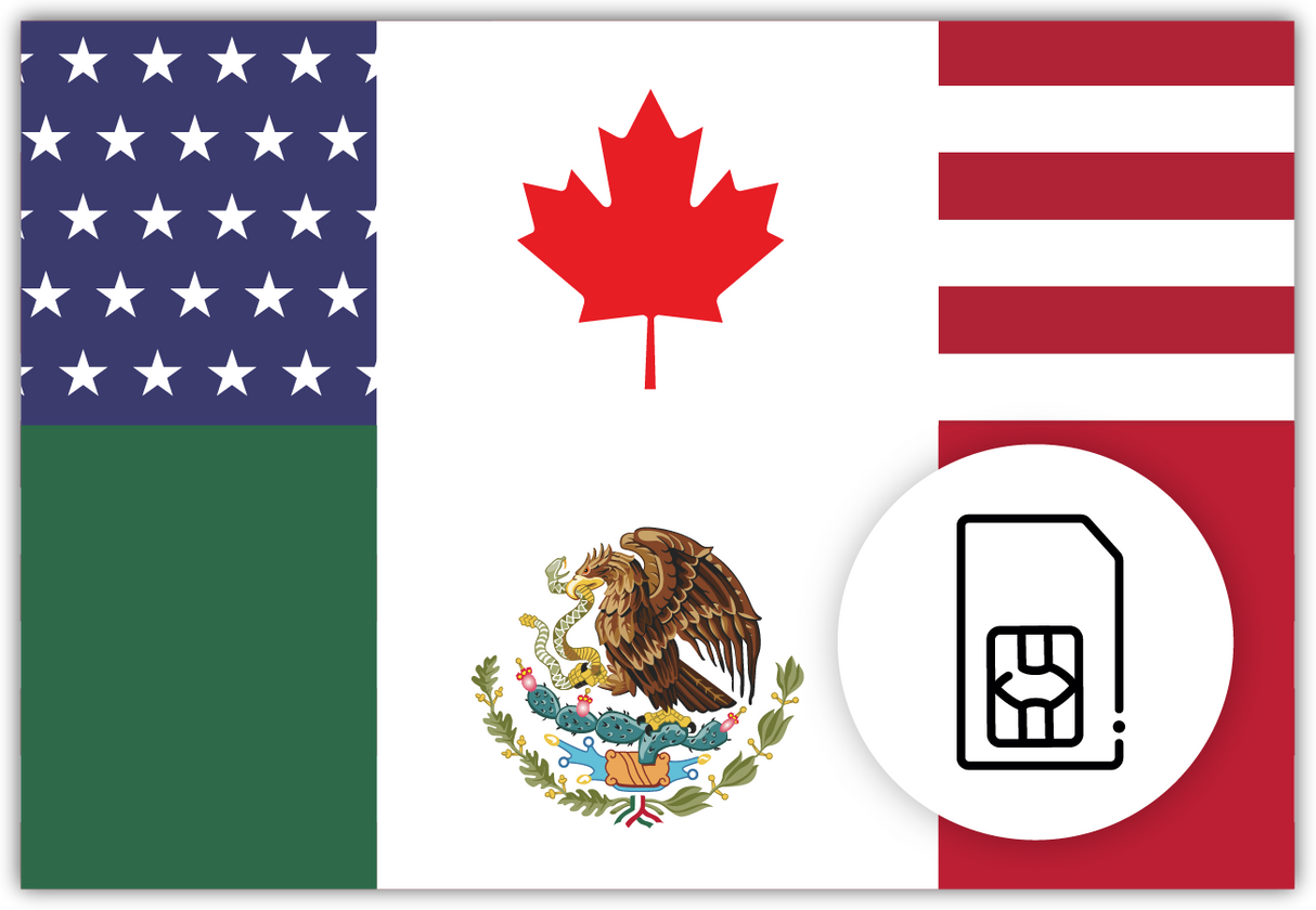 North America SIM Card – Travel connectivity for North America. Image featuring the North American flag and a SIM card icon.
