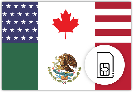 North America SIM Card – Travel connectivity for North America. Image featuring the North American flag and a SIM card icon.