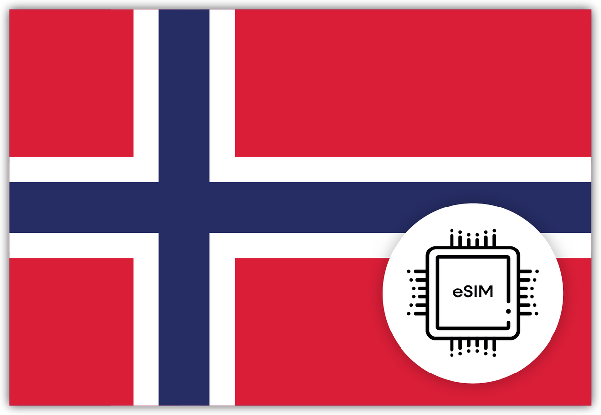 Norway eSIM – Travel connectivity for Norway. Image featuring the Norwegian flag and an eSIM icon