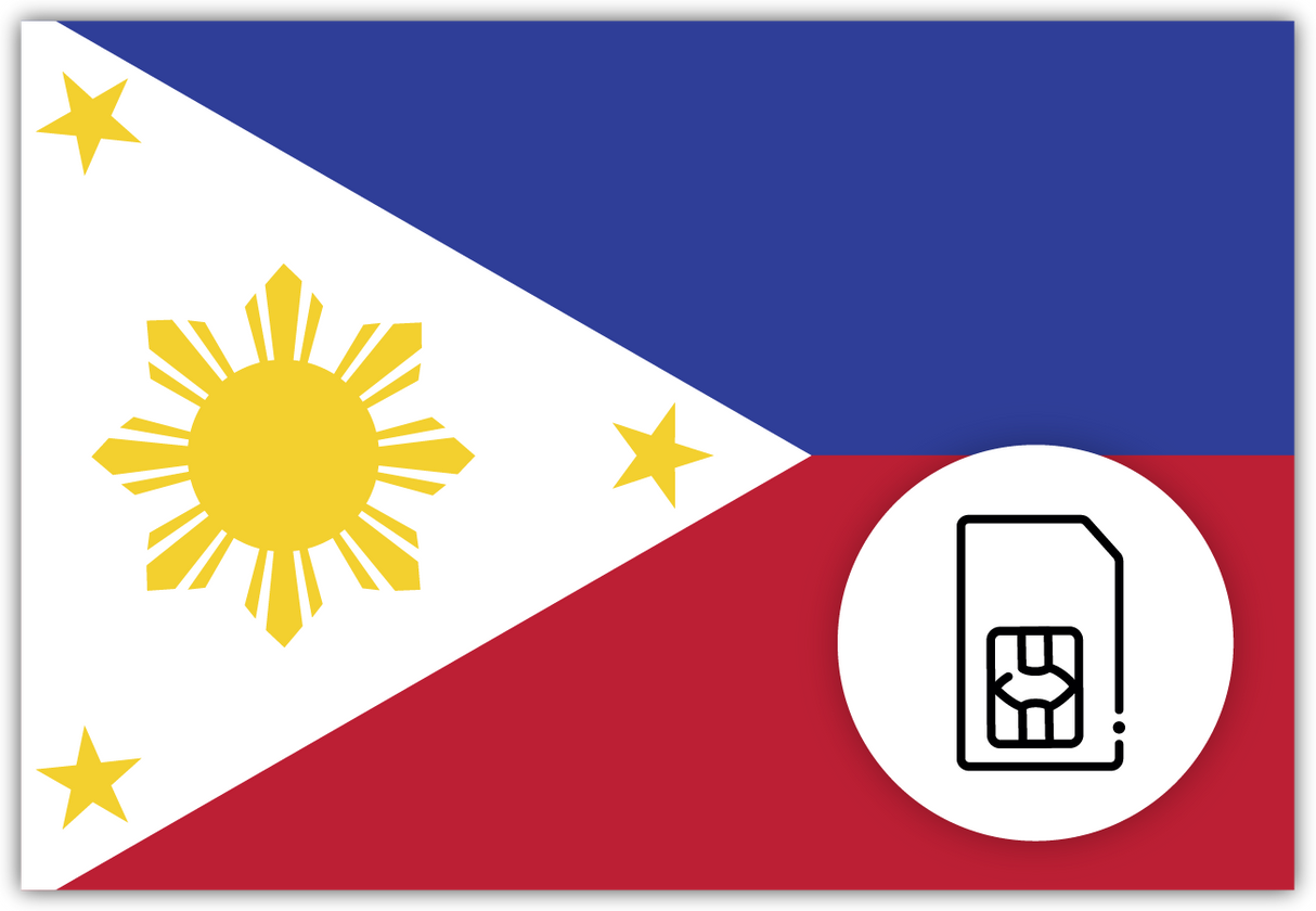 Philippine SIM Card – Travel connectivity for Philippines. Image featuring the Philippine flag and a SIM card icon