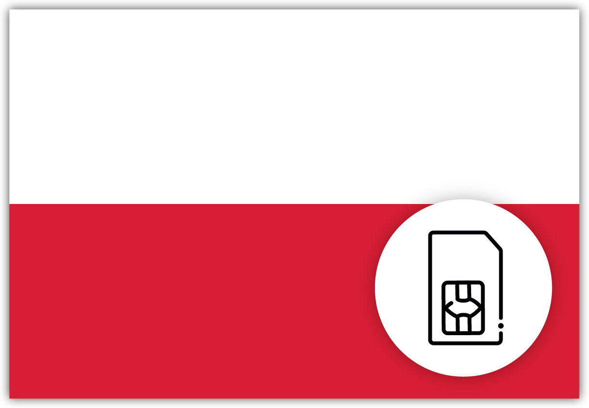 Poland SIM Card – Travel connectivity for Poland. Image featuring the Polishcflag and a SIM card icon