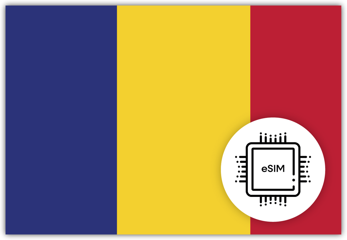 Romania eSIM – Travel connectivity for Romania. Image featuring the Romanian flag and eSIM icon