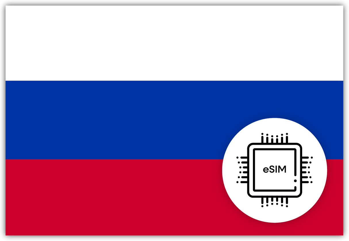 Russia eSIM – Travel connectivity for Russia. Image featuring the Russian flag and eSIM icon