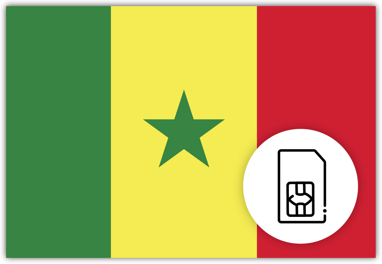 Senegal SIM Card – Travel connectivity for Senegal. Image featuring the Senegalese flag and a SIM card icon.