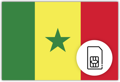 Senegal SIM Card – Travel connectivity for Senegal. Image featuring the Senegalese flag and a SIM card icon.