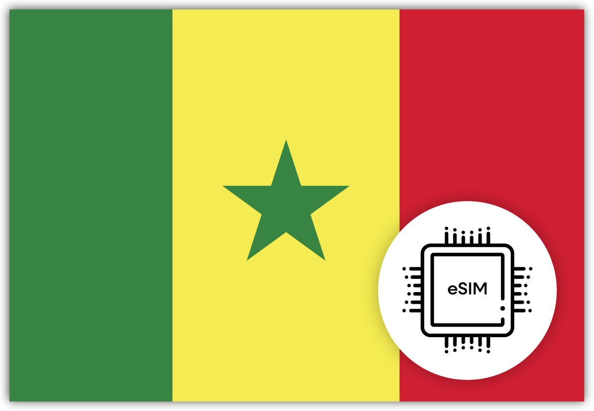 Senegal eSIM – Travel connectivity for Senegal. Image featuring the Senegalese flag and an eSIM icon.