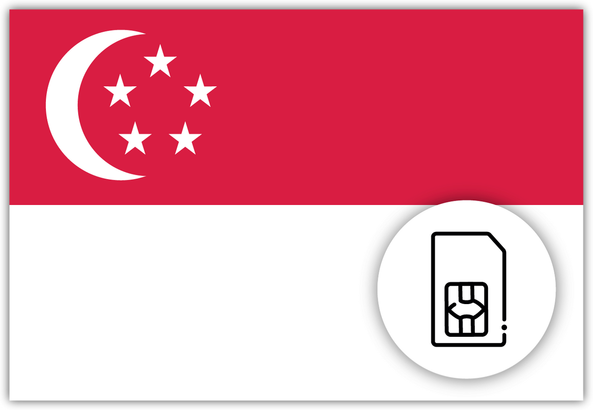 Singapore SIM Card – Travel connectivity for Singapore. Image featuring the Singapore flag and a SIM card icon