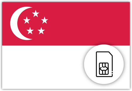 Singapore SIM Card – Travel connectivity for Singapore. Image featuring the Singapore flag and a SIM card icon