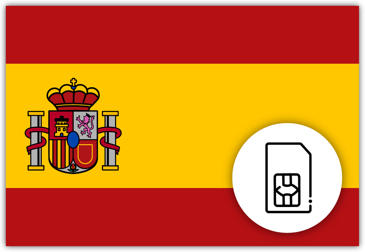 Spain SIM Card – Travel connectivity for Spain. Image featuring the Spanish flag and a SIM card icon