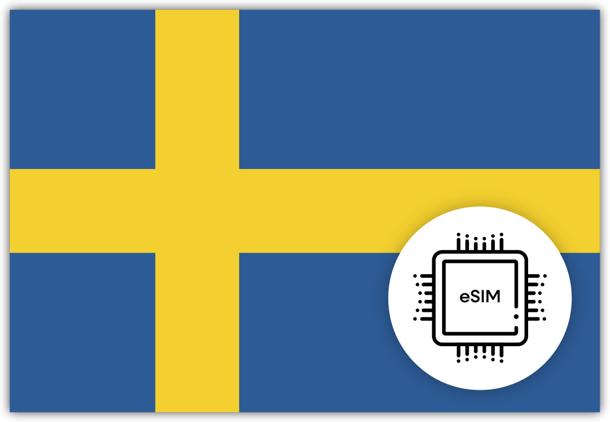 Sweden eSIM – Travel connectivity for Sweden. Image featuring the Swedish flag and eSIM icon